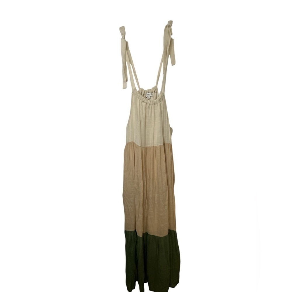 Luxology Tan, Cream, Green Colorblock Tiered Tied Straps Maxi Dress Medium